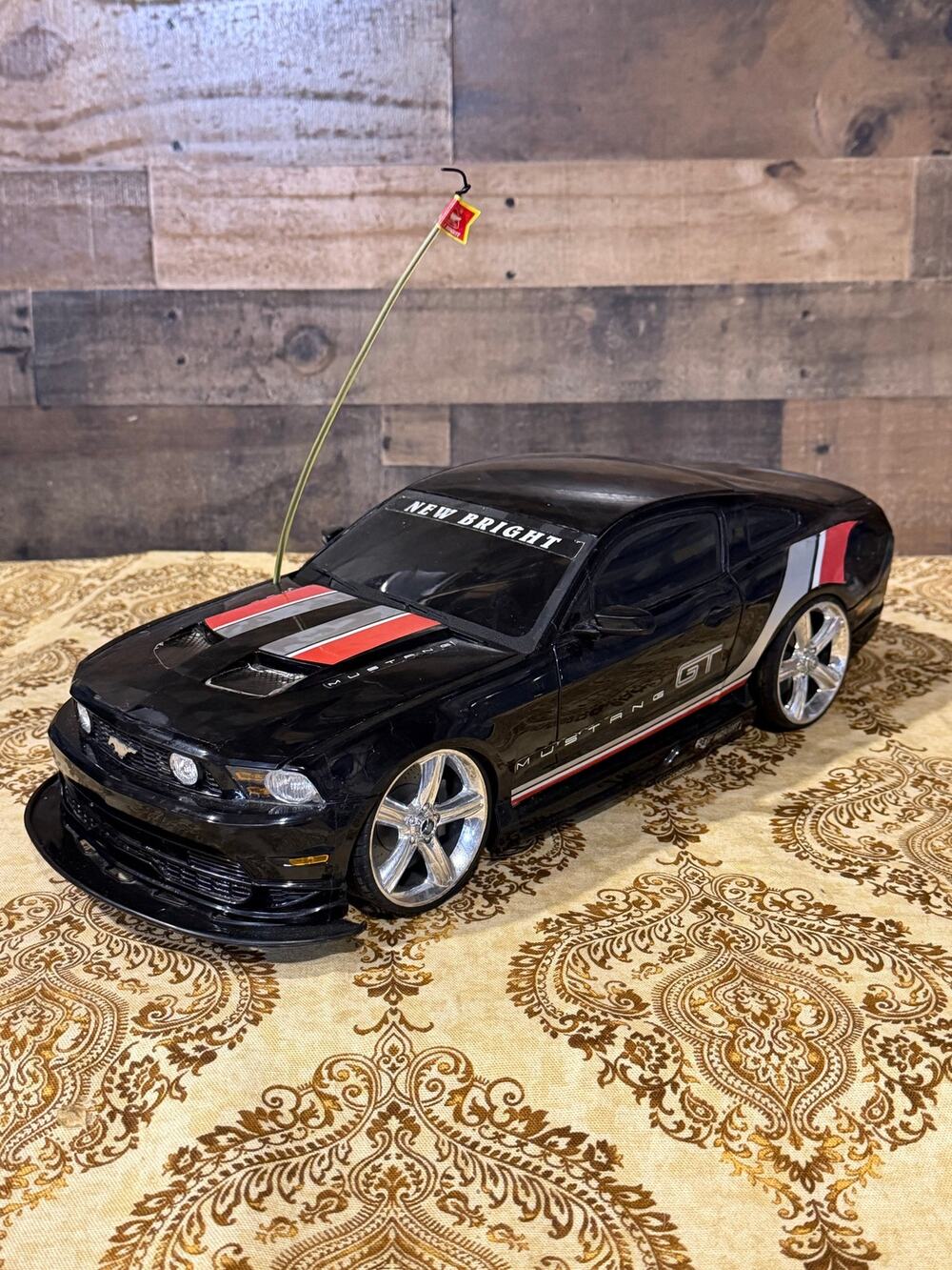 New Bright Ford Mustang GT RC Car - Black with Custom Racing Stripes (27 MHz)